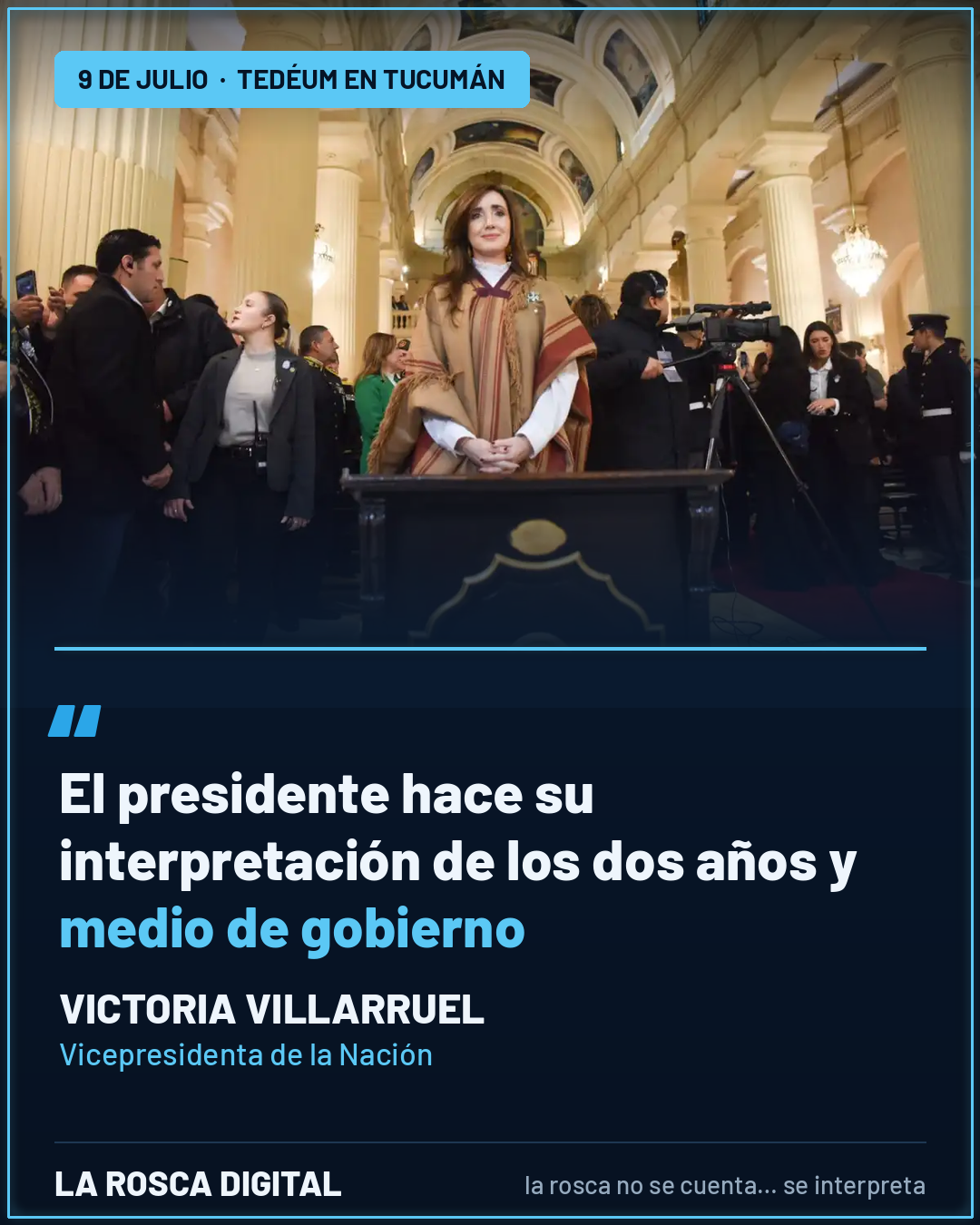 Victoria Villarruel con poncho en el Tedéum del 9 de Julio en la Catedral de Tucumán, de pie ante un atril durante el acto por la Independencia